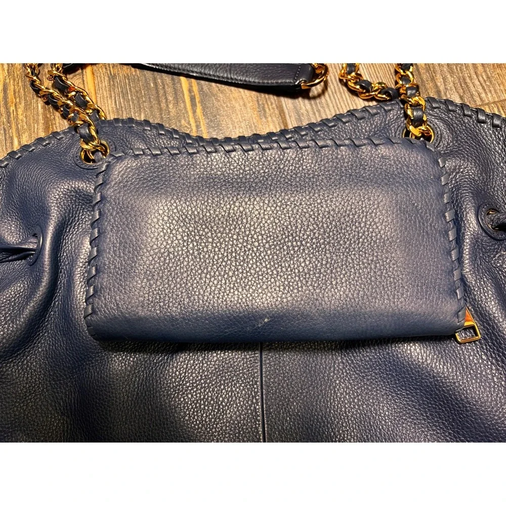 Tory Burch Navy Leather Marion Slouchy Tote Bag Purse Gold Chain &‎ Wallet EUC